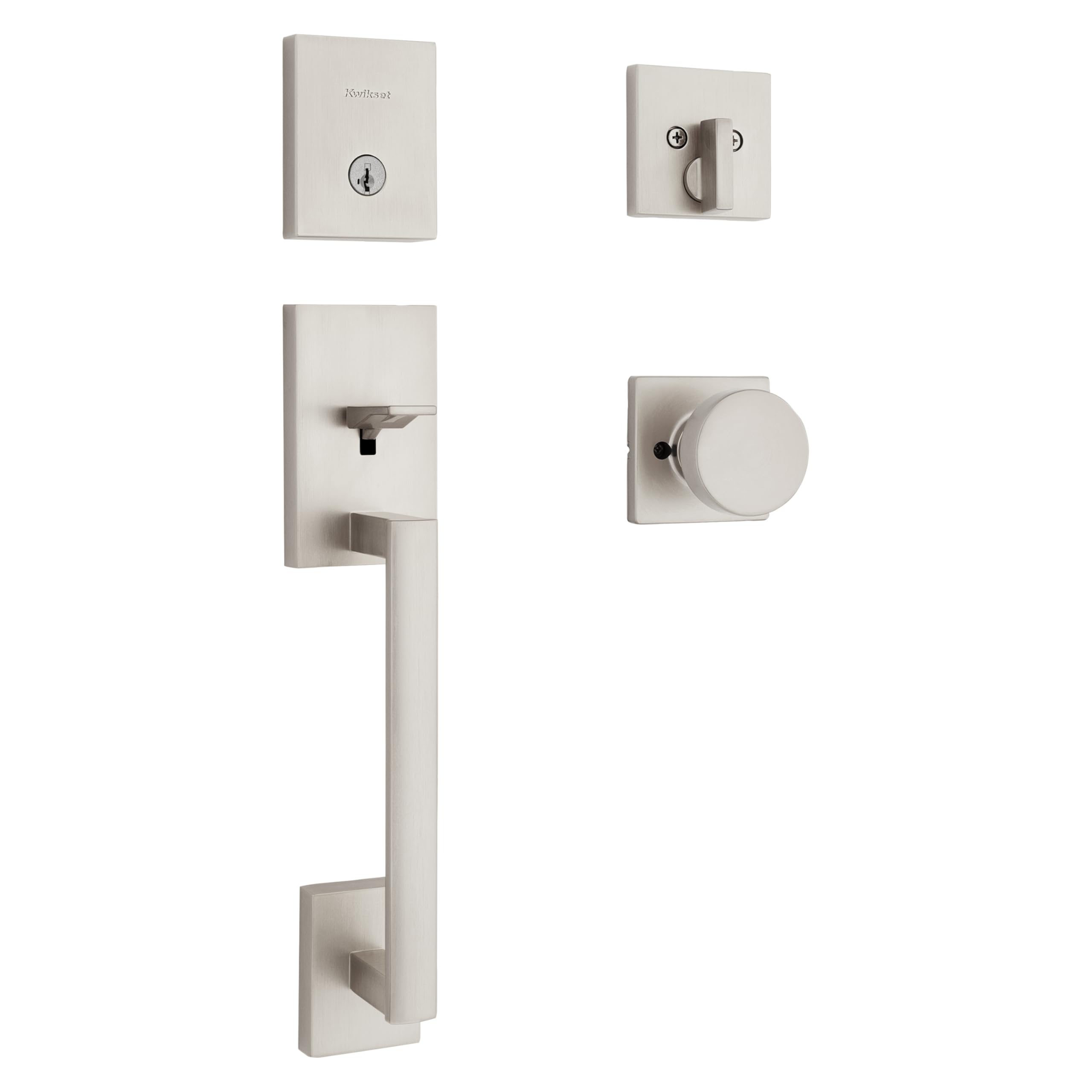 Kwikset San Clemente - Juego de manija y cerrojo de seguridad para puerta delantera, juego de manijas de entrada exterior con perilla interior cuadrada Pismo, níquel satinado, resistente a las púas