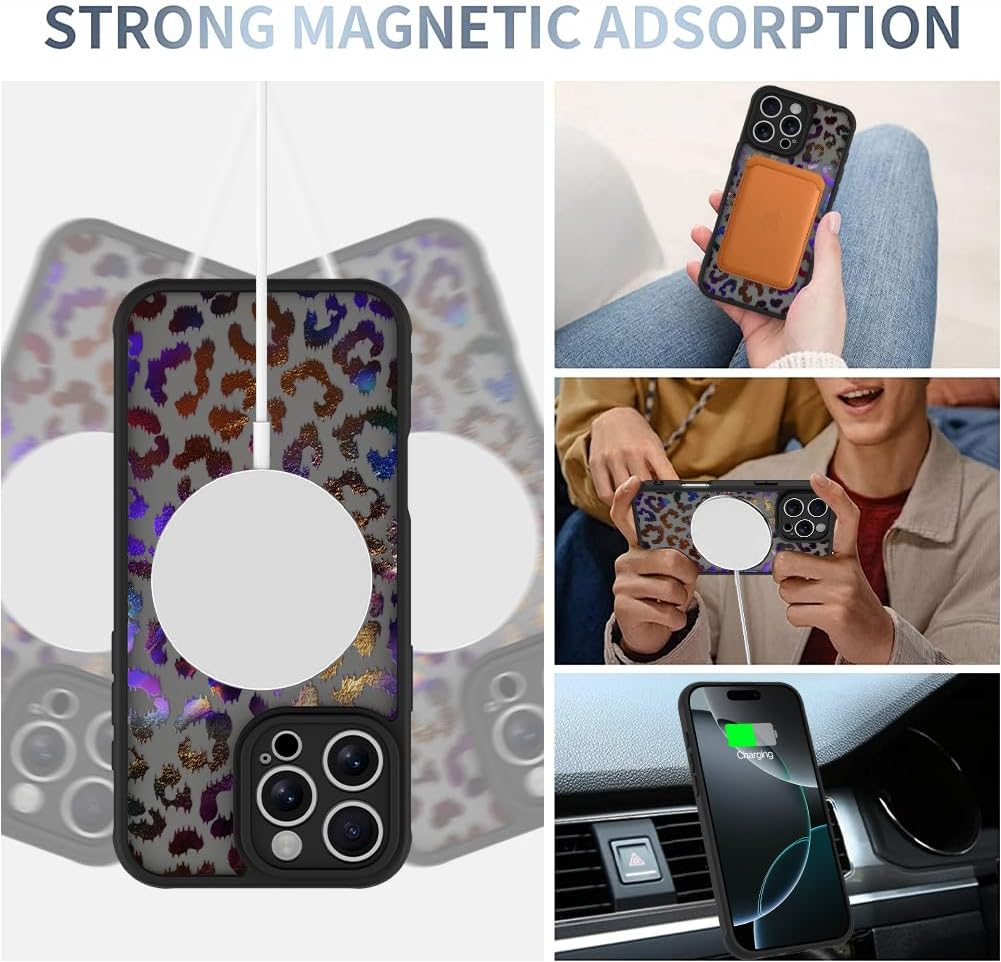 AIGOMARA Case for iPhone 16 Pro [Compatible with MagSafe] Purple Gold Leopard Pattern Design for Women Girls Men Soft TPU Bumper Hard PC Back Anti-Fall Shockproof Protective Slim Magnetic Cover