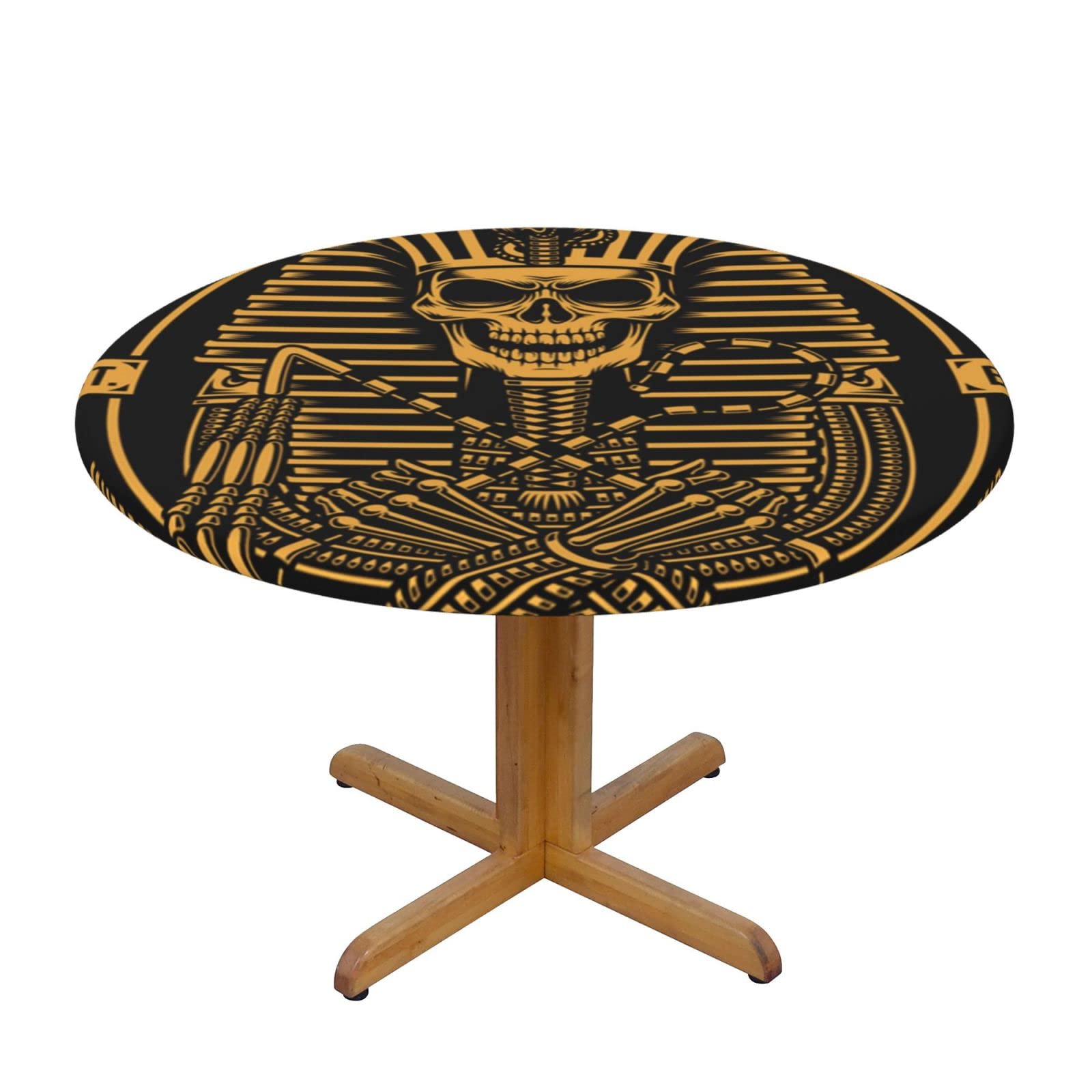 Lsjuee Round Fitted Tablecloth 45-50in Elastic Edged Table Cloth for Kitchen Dining Party Home Decor - Pharaoh Skull Ancient Egypt Gold Black