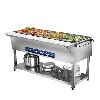 Commercial Electric Food Warmer Soup Station - 4 Independent 19.5L Pans with German EGO Thermostat, Rolling Stand with Adjustable Shelves for Restaurant, Catering, Party