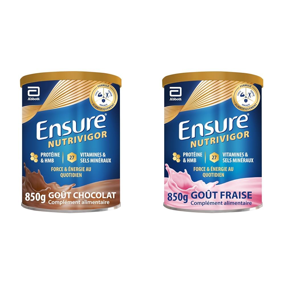Ensure NutriVigor Chocolat & Fraise 850g - Complément alimentaire avec protéines, 27 vitamines et minéraux et HMB - Pour une alimentation saine et équilibrée - 1x Chocolat 850g + 1x Fraise 850g