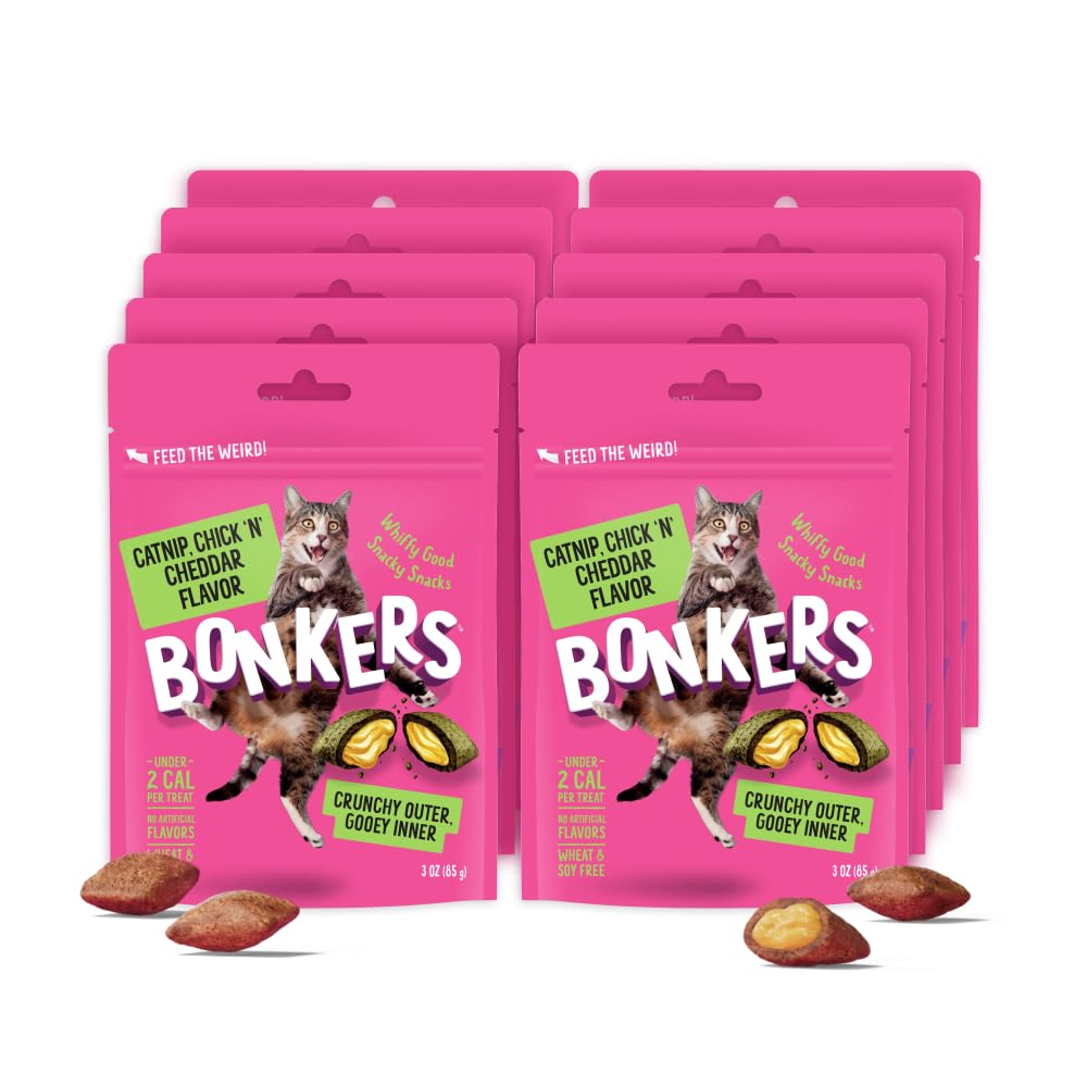 Bonkers Cat Treats, Catnip, Chick N' Cheddar Flavor, 3 OZ, Cat Treats, Training, All Breeds & Ages, Food Topper, Resealable Pouch (10 Pack)