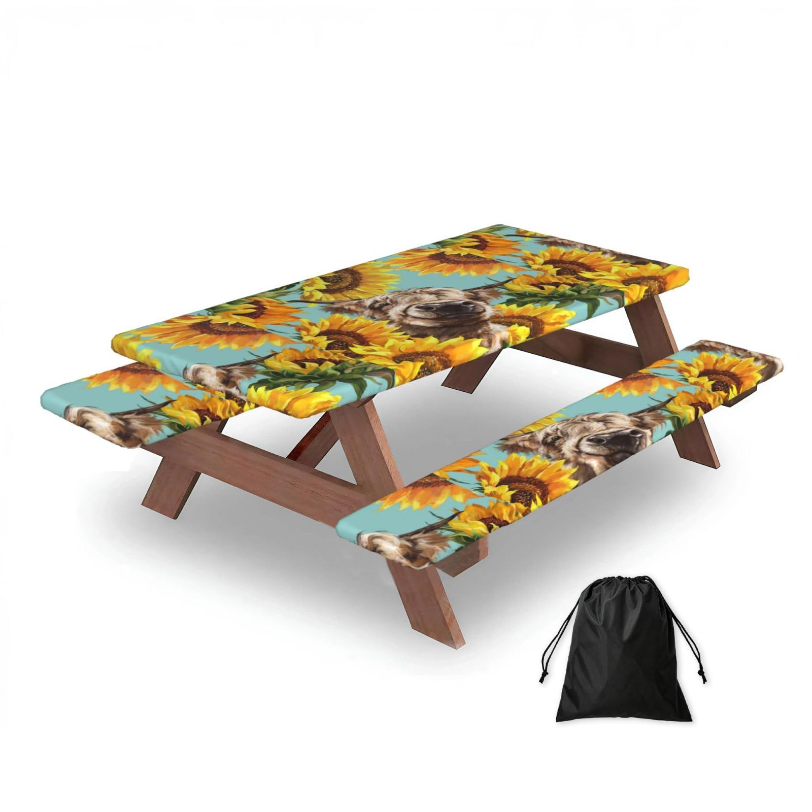 Dopklna As Picture Highl And Cow With Sunflowers, Picnic Table Cover With Bench Covers -Waterproof Elastic Fitted Tablecloth For Garden Camping Patio 76X152cm