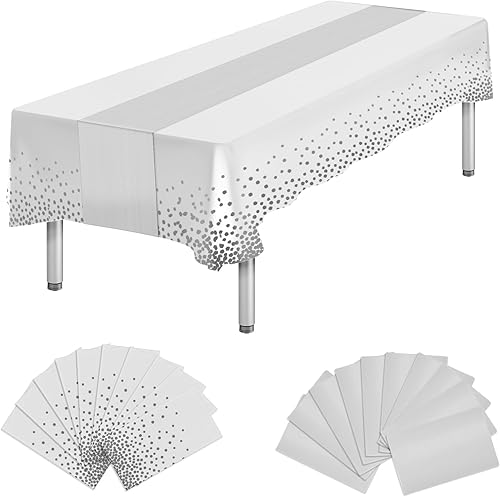 Paquete de 20 manteles de plástico desechables y camino de mesa de satén, mantel desechable blanco y plateado, mesa rectangular para baby shower,