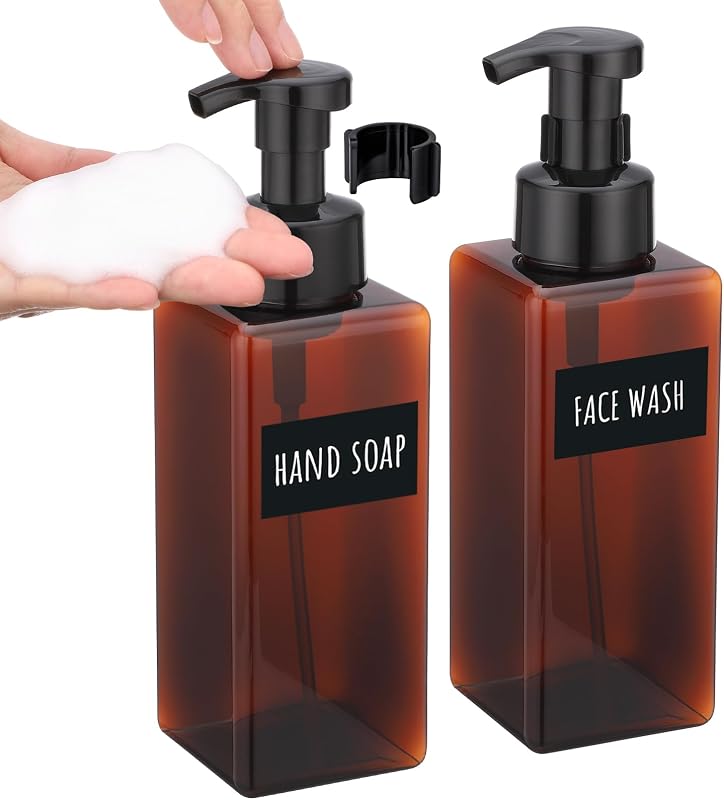 Segbeauty 22oz Amber Bottle Set with Foaming Pump, 2pcs Empty Bathroom Hand Soap Dispenser with Labels, 650ml Amber Refillable Foam Pump Bottle Container for Liquids Shampoo Body Wash Facial Cleanser