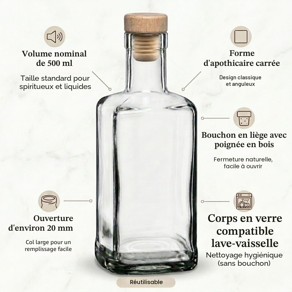 gouveo Lot de 12 bouteilles en verre 500 ml Carré Pharmacien avec bouchon en liège (HGK) - Bouteille 0,5 l à remplir et à offrir - Bouteille vide pour gin, liqueur, huile, vinaigre (AFET500HGK)