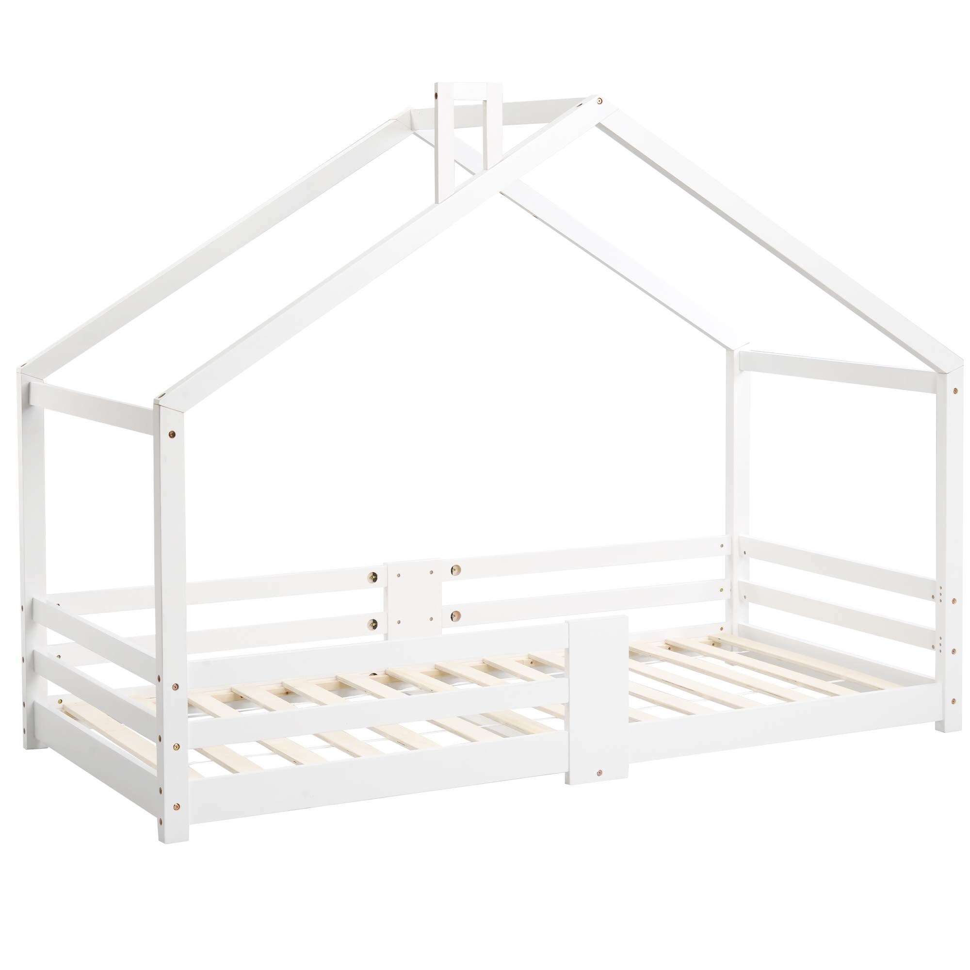 Kinder Hausbett 90x200 Cm Aus Kiefer Massivholz – Mit 2 Schubladen, Lattenrost & Seitenschutz