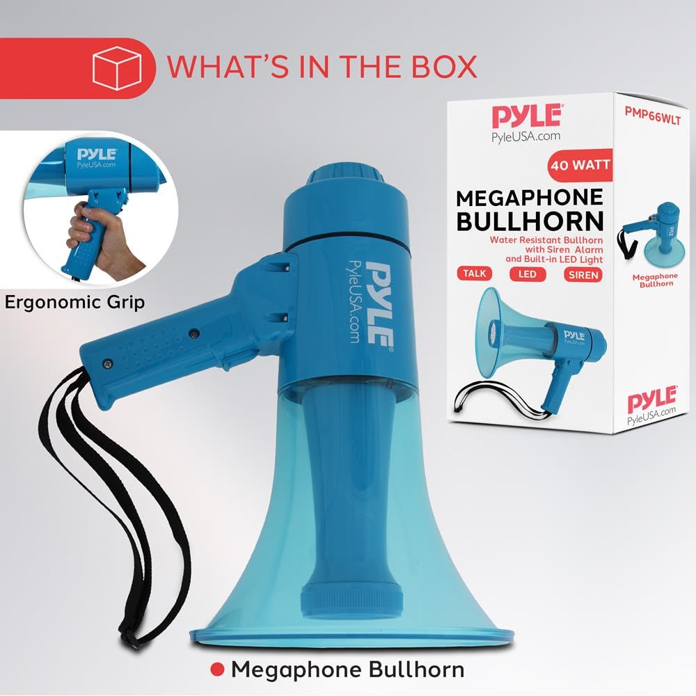 Pyle Megáfono PA portátil con Sirena de Alarma y Volumen Ajustable, 40 W, Ligero, Grado Marino, Impermeable, Funciona con Pilas AA para Uso en Interiores y Exteriores