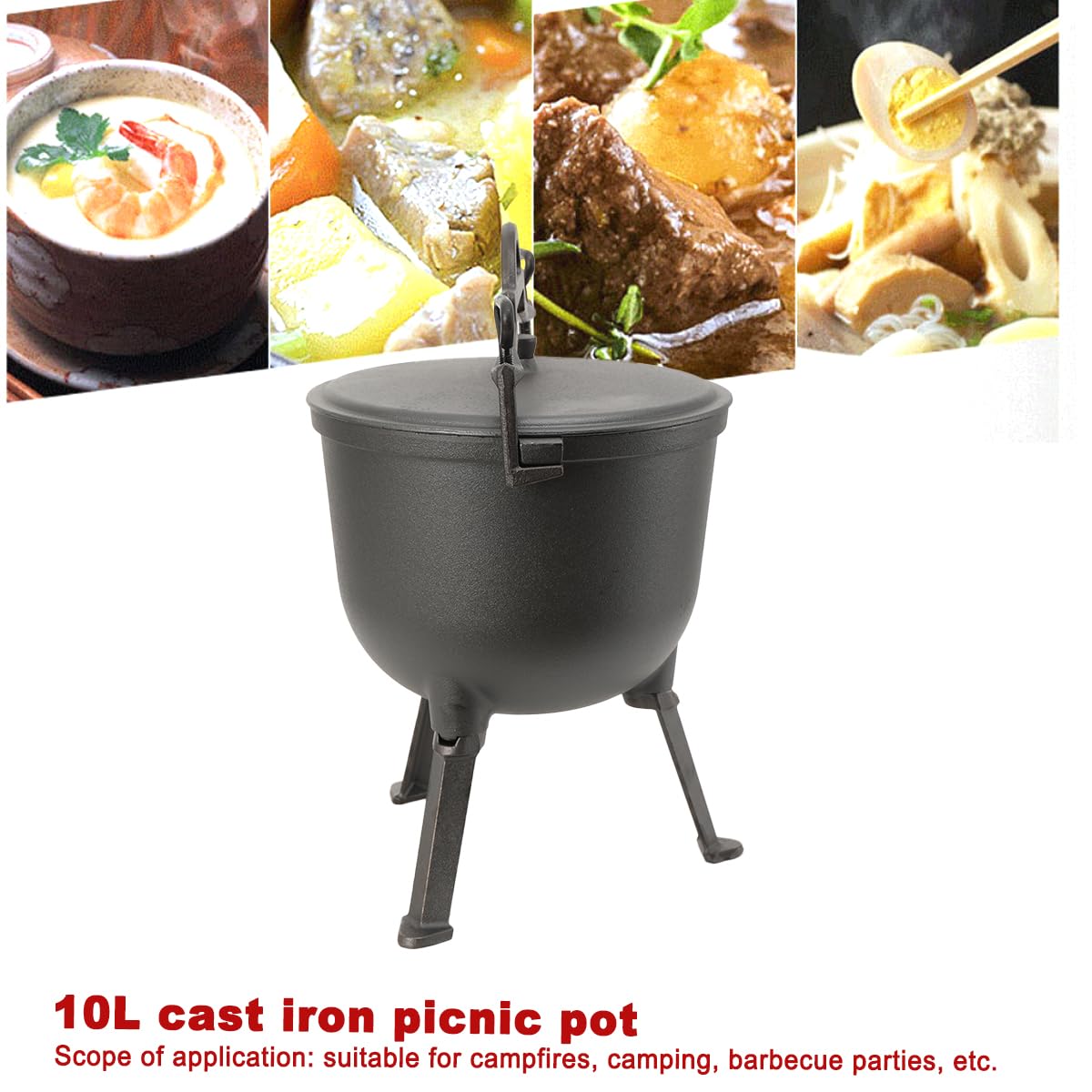 Chaudron à goulasch de 10 l - Chaudron en fonte - Chaudron de chasse - Avec pieds et couvercle - Casserole à goulasch - Pour la cuisine en plein air, le jardin, le camping, le barbecue