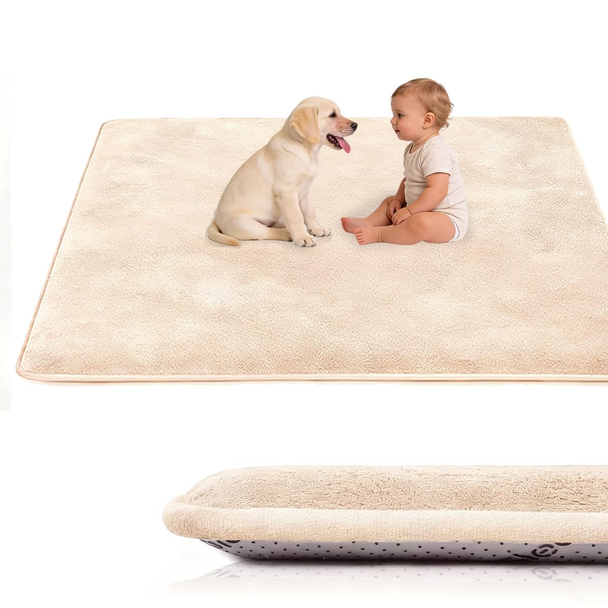 Voxirum 3 CM hick Baby Play Mat for Floor, Memory Foam Tummy Time Mat, Soft Coral Velvet Nursery Rug, Beige Non Slip Mellow Mat for Children's Room and Living Room, Custom Size