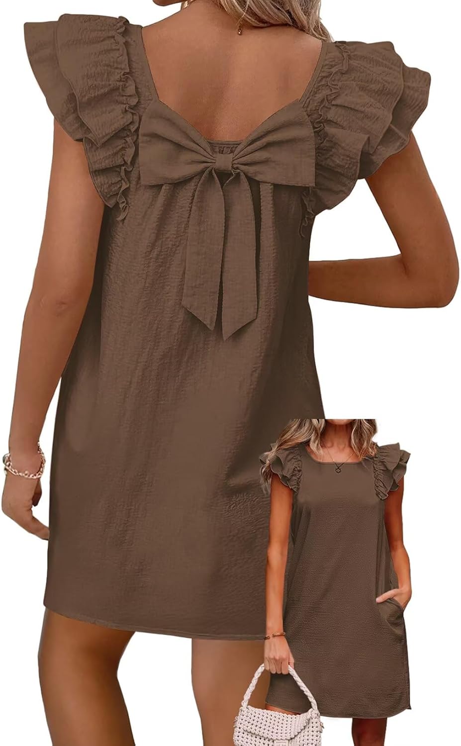 Womens Summer Dresses Bow Tie Back Sundresses for Women Ruffle Short Sleeve Dress Casual Cute Sundress with Pockets