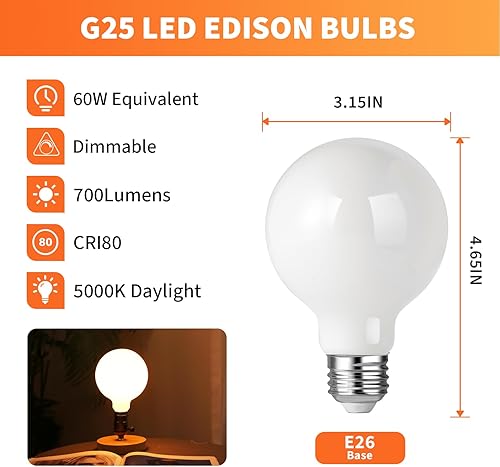 Miniatura 2 de ALAMPEVER Bombillas de globo G25 de 60 vatios, bombillas LED de tocador, bombillas LED regulables, bombilla decorativa E26 de 3000 K, blanco suave,