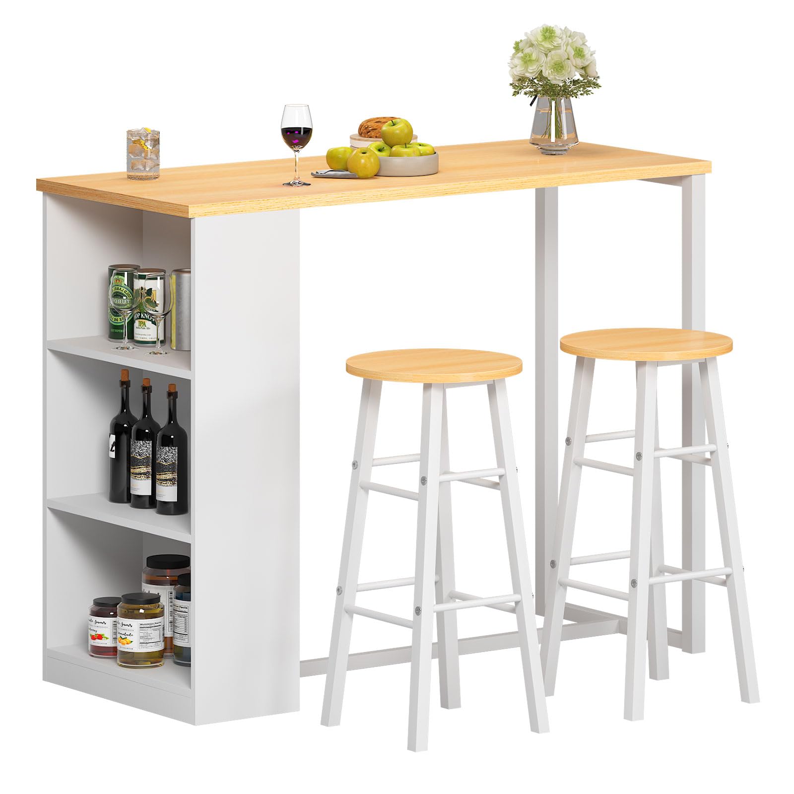 SDHYL Ensemble de Bar Table Haute avec 2 Tabourets Hauts Table de Bar avec 3 Étagères de Rangement pour 2 Personnes Table à Manger pour Salle à Manger/Cuisine Teck/Blanc