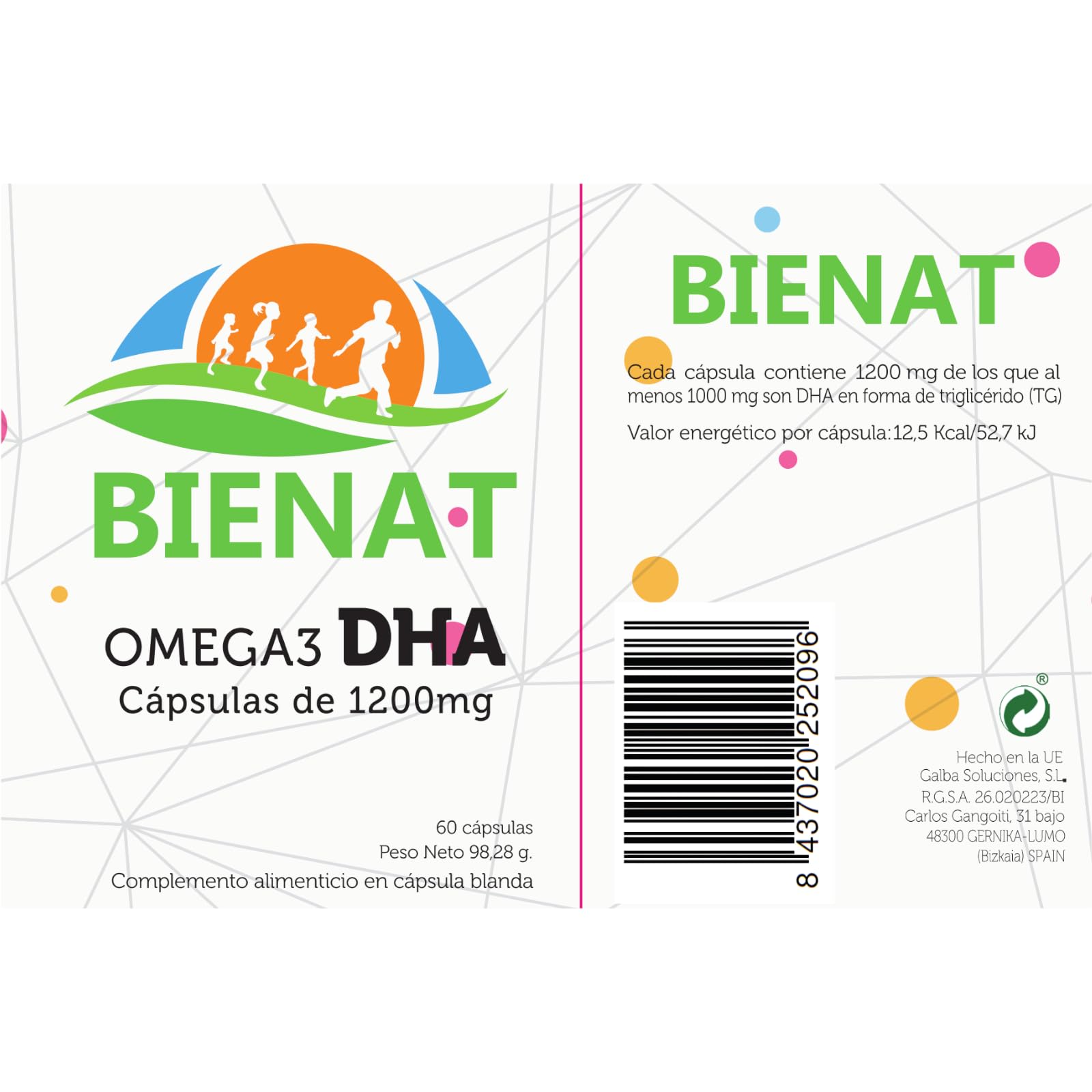 Bienat Omega 3 DHA 1200mg 60 Cápsulas Blandas – Omega 3 1200mg por cápsula – DHA 1080mg por Cápsula con 85% de Pureza – Vitamina E Natural (60 Cápsulas)