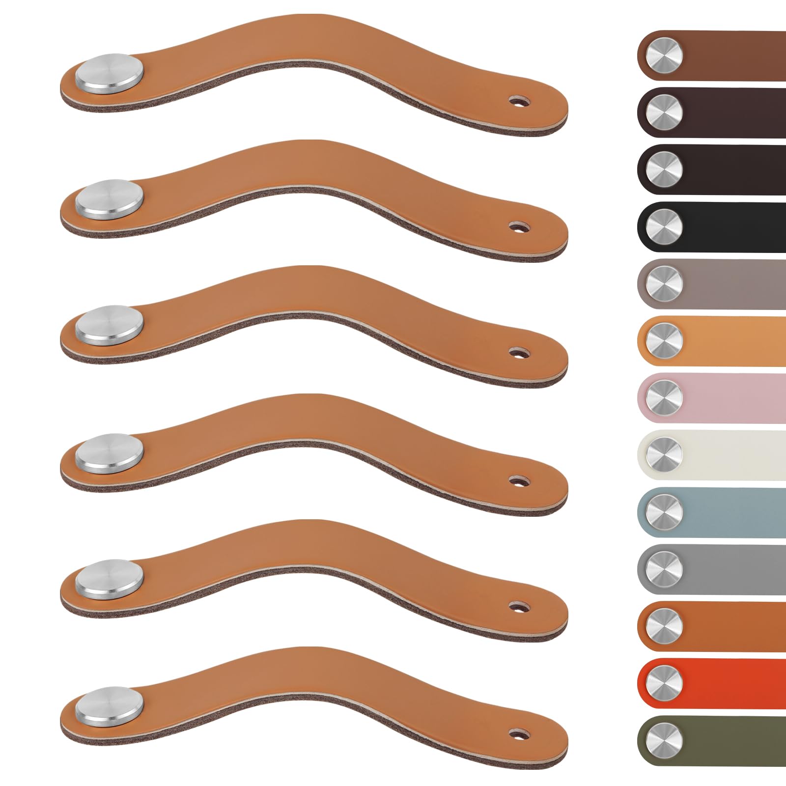LEREATI 6pcs Leather Drawer Handles Fit to Cupboard Single Hole, Faux Leather Pulls Cabinet Handles, Drawer Knobs for Kitchen, Bathroom, Dresser, Wardrobe (0mm Hole Center, Silver + Light Orange)