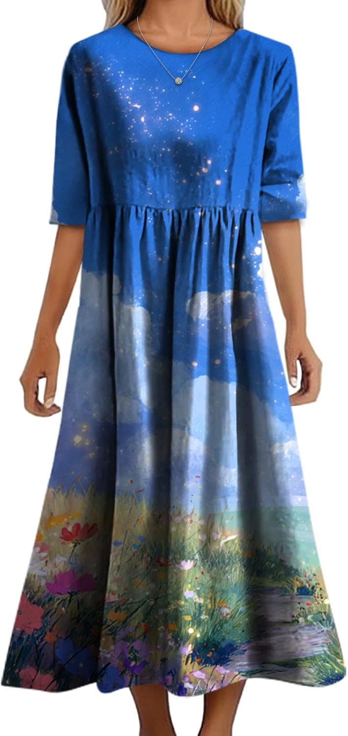 Summer Casual Bohemian Floral Dresses for Women Crewneck Short Sleeve Long Maxi Dre...