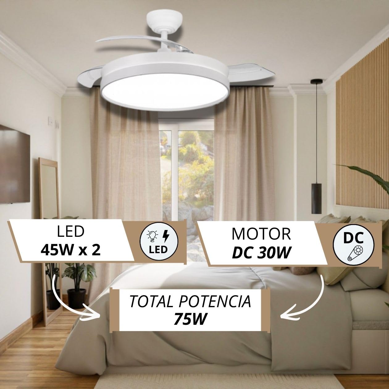 NARVI - Ventilador de Techo NANTES Ø 50 cm | Control Remoto | 3 Palas Transparentes | Iluminación LED Ajustable 60W | Motor DC Eficiente | Función Invierno/Verano | Blanco