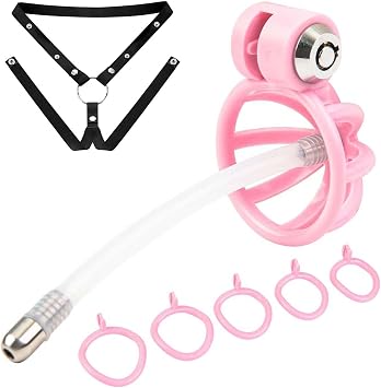 Male ABS Mesh Training Cage Endurance Protective Set with 5 Rings and 1 Adjustable Belt and 1 Tube -A57SQUS Pink