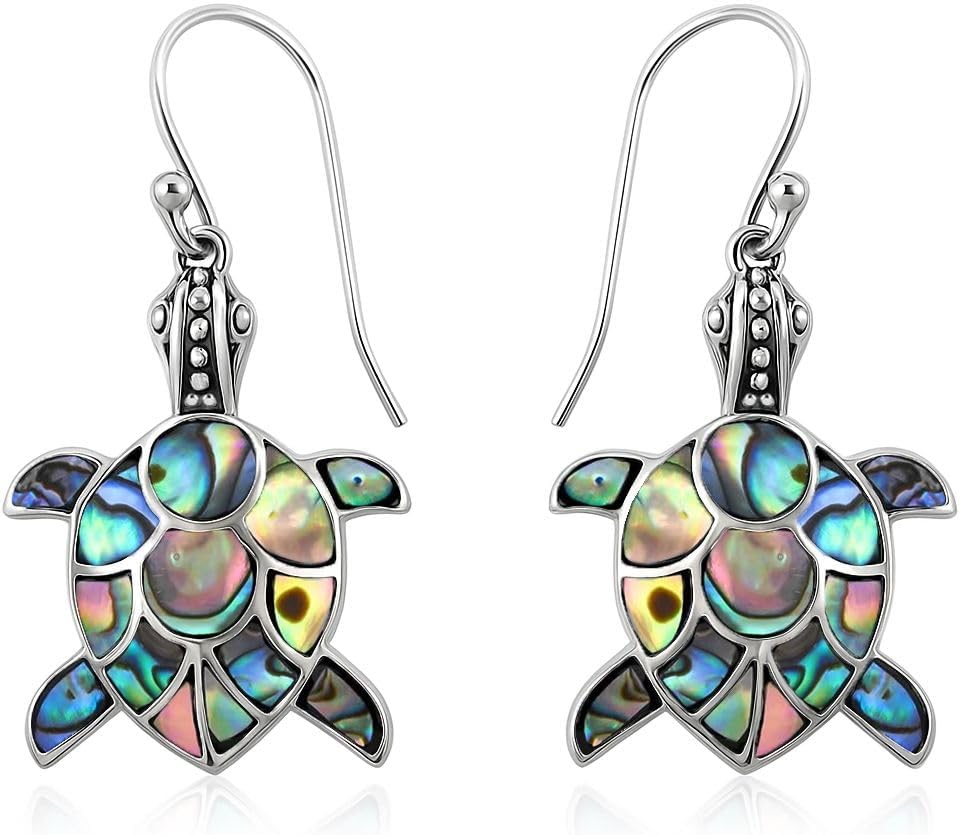 Genuine Handmade Abalone Shell Dangle Earrings for Women in 925 Sterling Silver - Natural Sea Turtle Boho Jewelry for Women - In Turtle, Dragonfly, & Butterfly Styles Anniversary Gifts