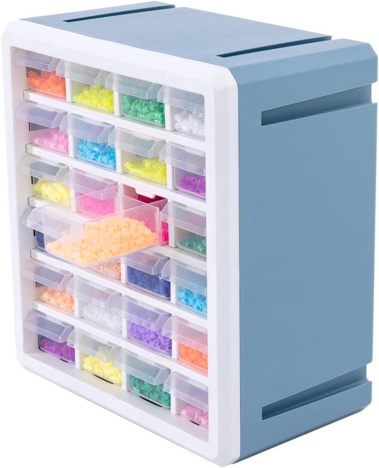 BaiNa Craft Storage Box, Bead Storage with Compartment Plastic Kids Building Blocks Fuse Bead Organise with 24 Drawers, Large Capacity Combinable and Waterproof Sewing Thread Cabinet Transparent Blue