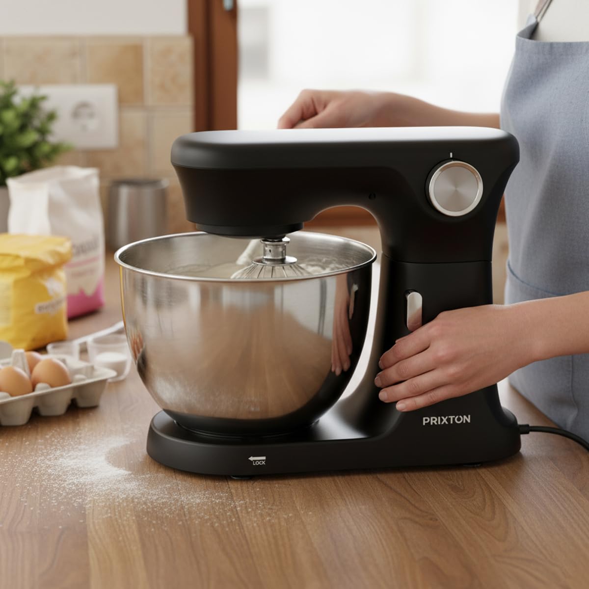 PRIXTON Batidora Amasadora KR350 2000W con Bol de Acero Inoxidable de 8 L, 6 Velocidades + Manual, Amasar Mezclar y Batir, Accesorios de Aluminio y Acero Inoxidable - 5