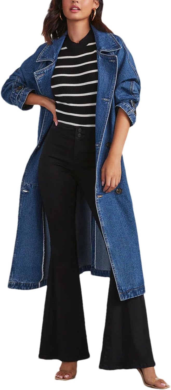 Women's Denim Trench Coat Double Breasted Over Knee Lapel Jean Jacket