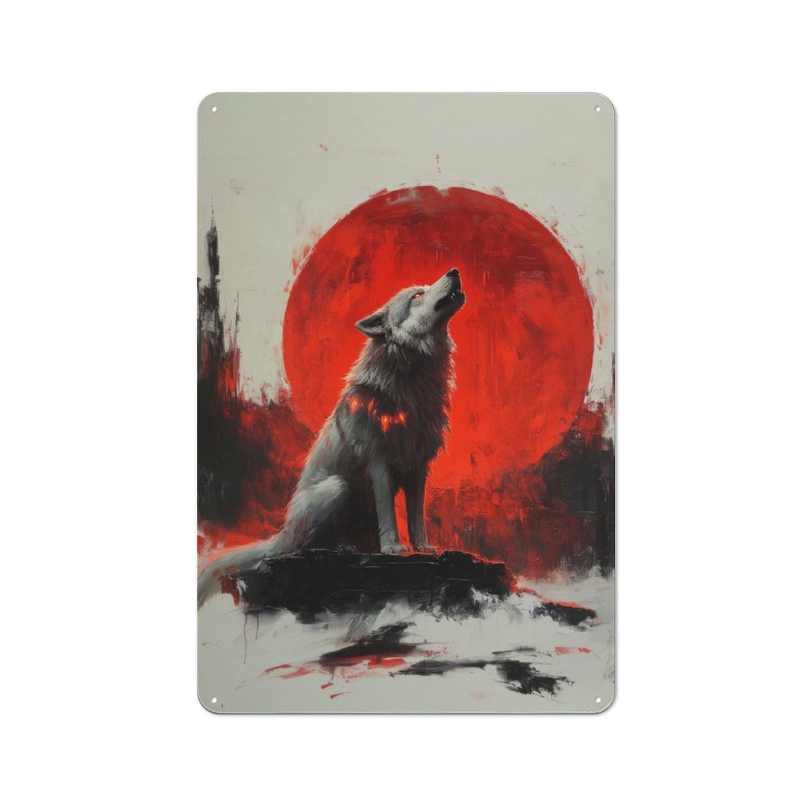 Junmoney Wolf Howling At Red Moon 30X20cm Rustic Tin Sign With For Studio Or Craft Room, Tin Sign Wall Decor For Studios And Craft Rooms