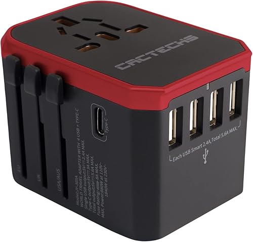 Adaptador de viaje universal internacional en todo el mundo 4 USB 1 Tipo C Cargador de viaje, UE Reino Unido Adaptador de enchufe de viaje europeo