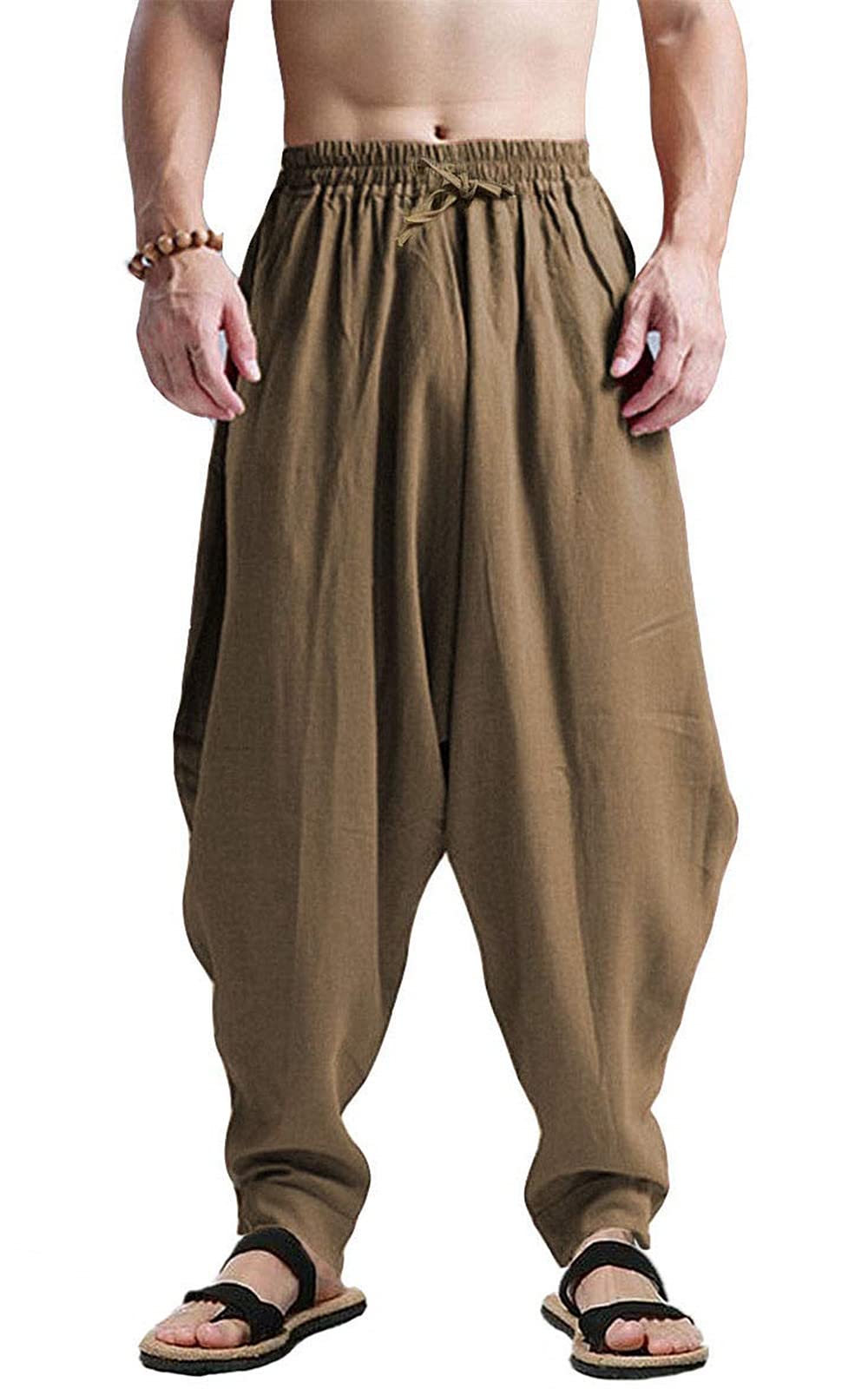 CLANMILUMSMen's Casual Harem Pants Baggy Boho Hippie Cosplay Drop Crotch Trousers