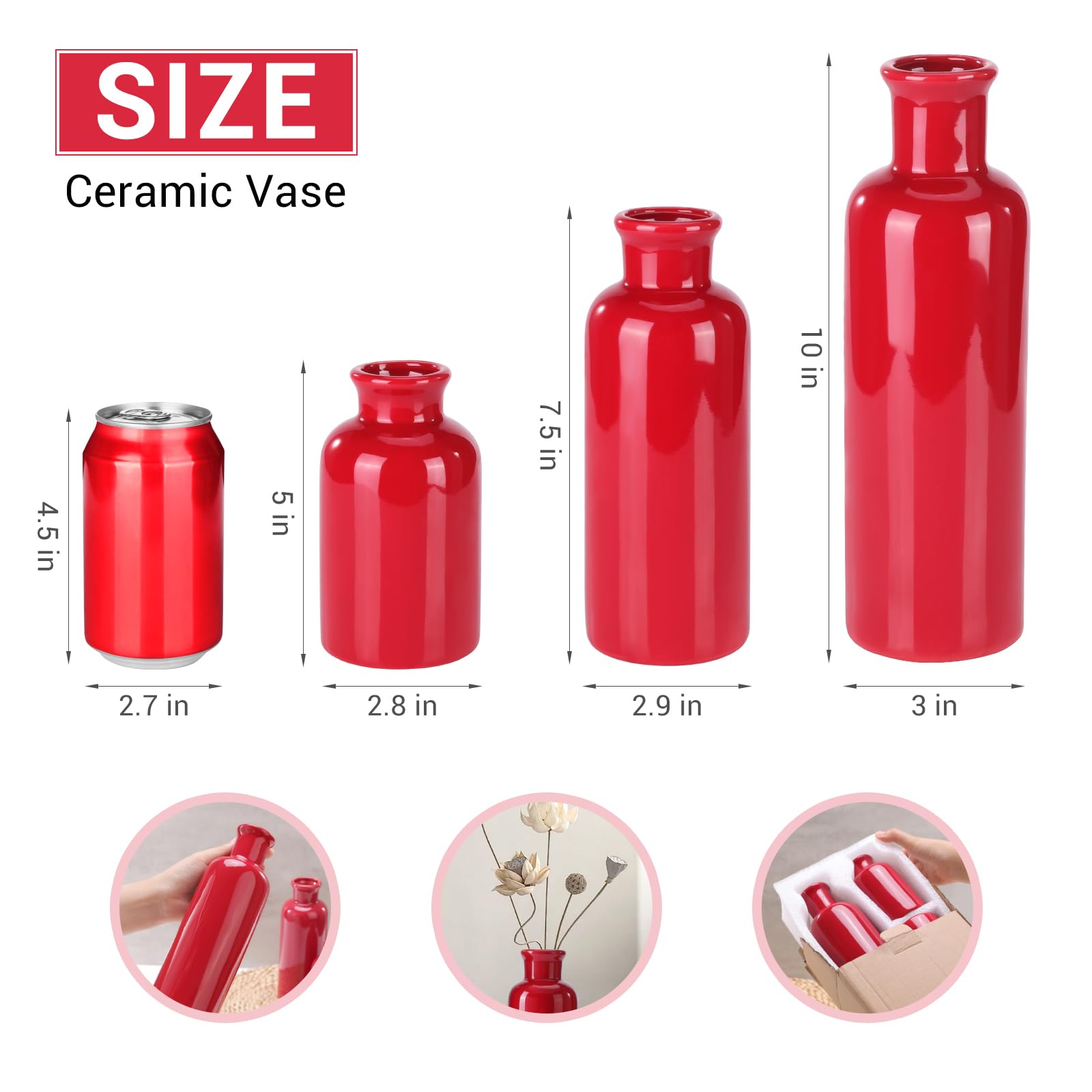 Rote Keramikvase, 3er-Set, Boho-Blumenvase, Raumdekoration, Bauernhaus-Dekor, Vasen für Ihre Küche, Badezimmer, Schlafzimmer, Wohnzimmer, Büro und Regal, Tafelaufsatz, Tischdekorationen