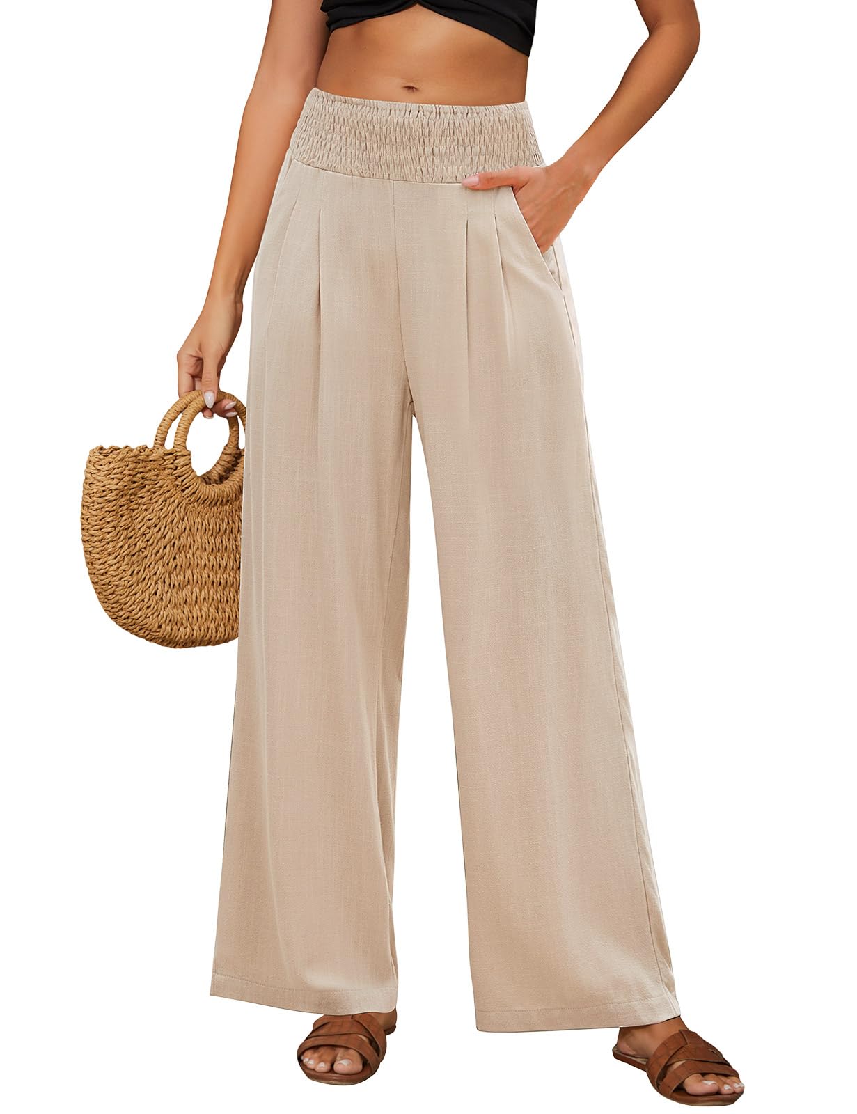 PASUDA Leinenhose Damen Sommer Hose Weites Bein Baumwolle Leinen Sommerhose Elastisch Hohe Taille Lang Freizeithose Leichte Loose Boho Hosen Strandhose mit Taschen Bequeme Stoffhose
