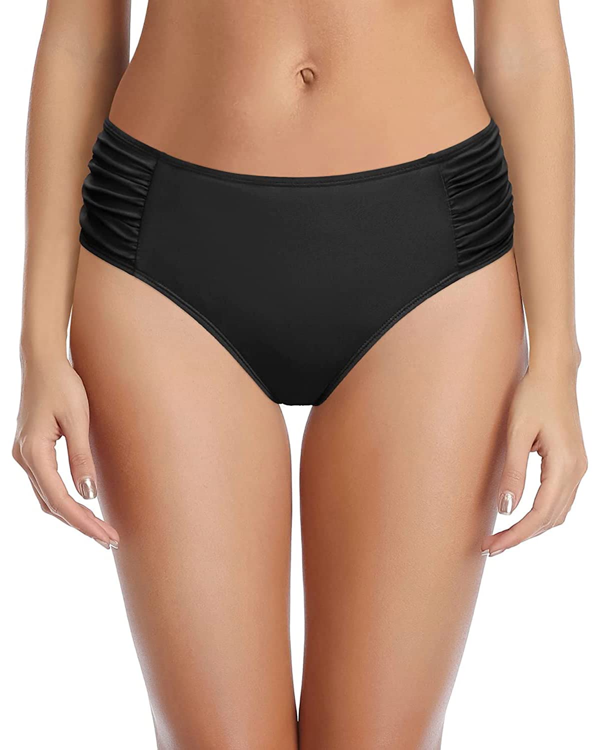 Tempt Me Women Black Bikini Bottoms Mid Waist Ruched Bathing Suit Swimsuit Cheeky Swim Bottom M