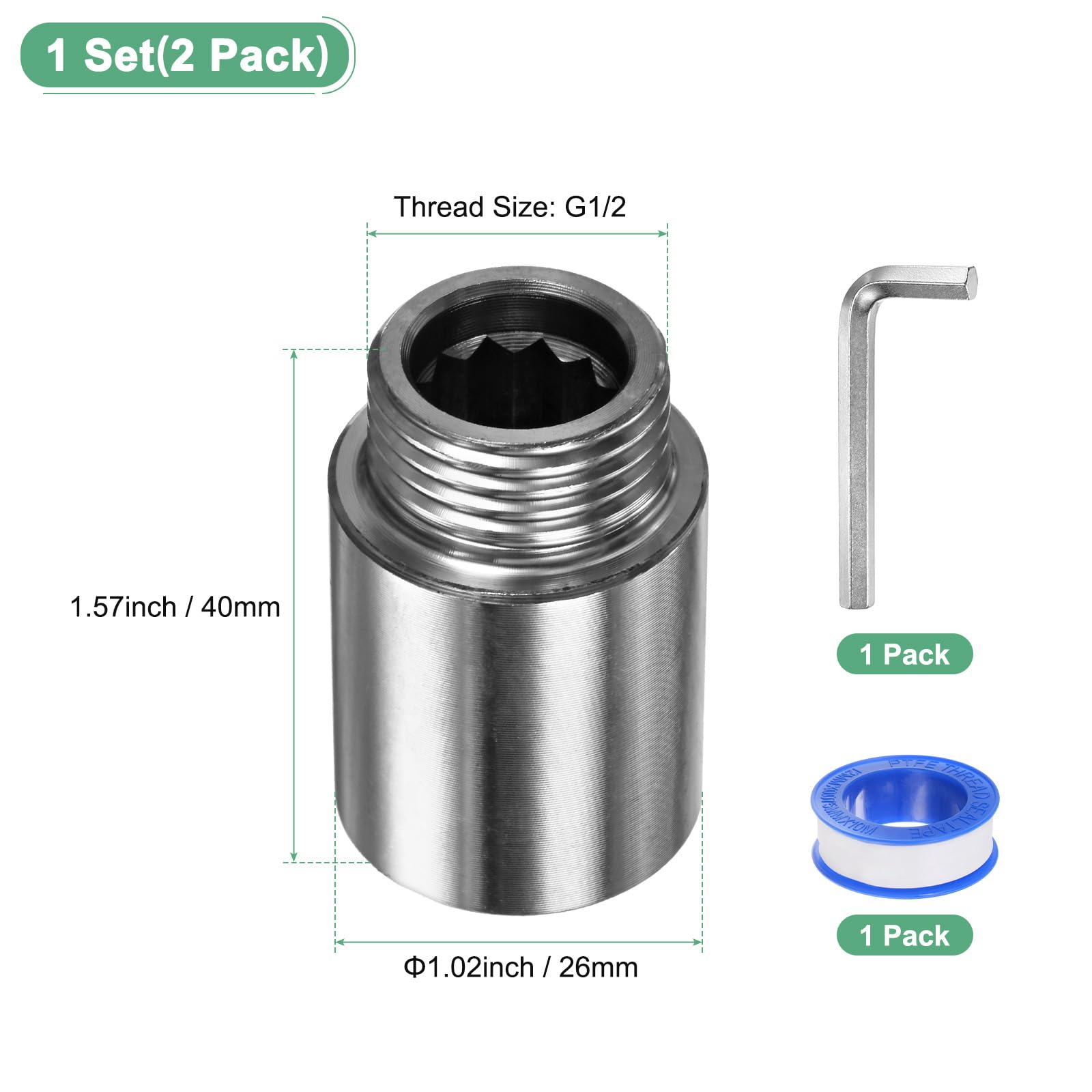 M METERXITY Shower Head Extension Arm Stainless Steel G1/2 Male to Female Extension Pipe Fitting with Thread Seal and Hexagonal Wrench Tape for Shower/Faucet Plumbing Coupler 1.57"/40mm 2-Pack - Image 3