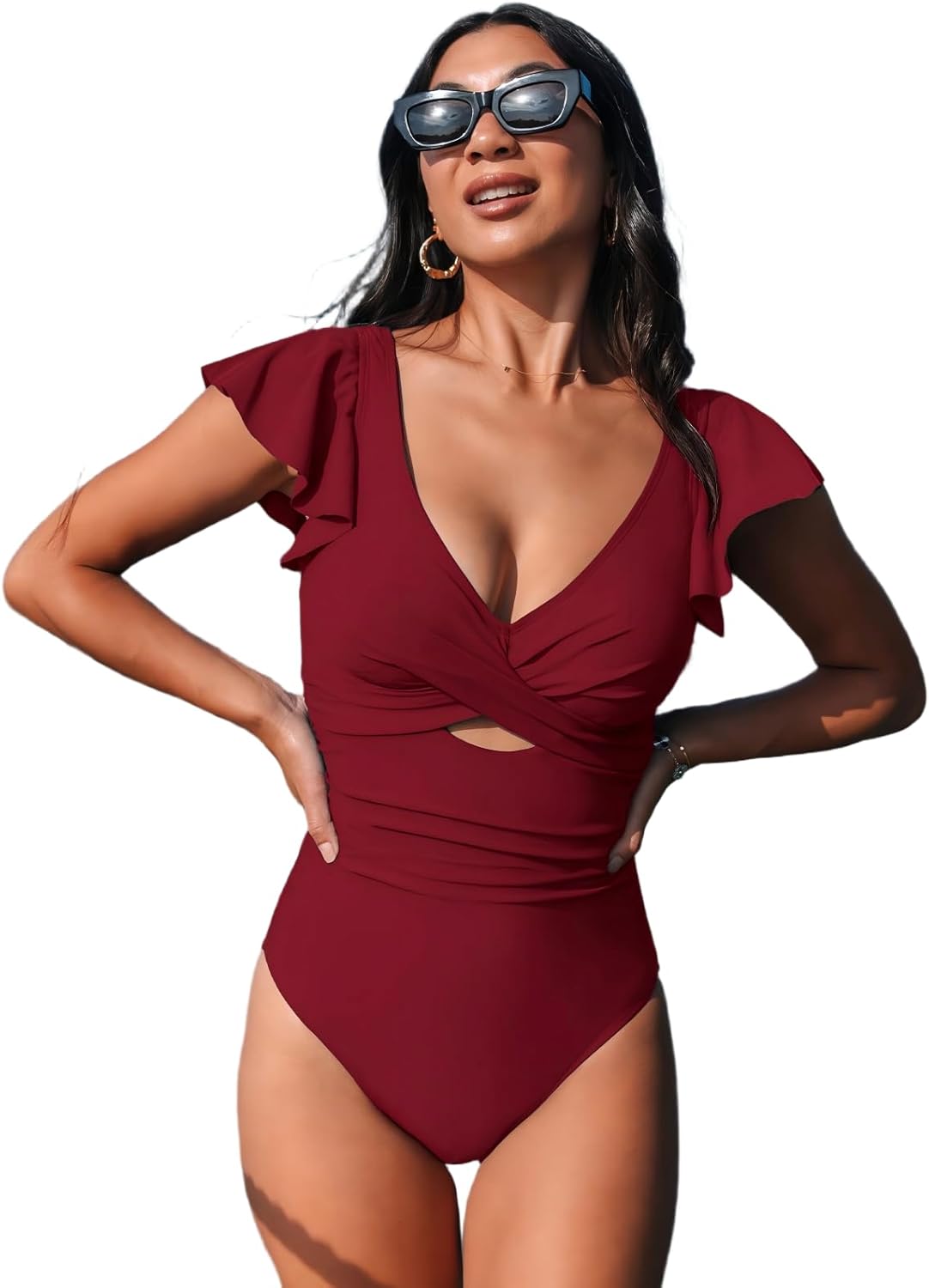 CUPSHE Women's One Piece Swimsuit Tummy Control Bathing Suit V Neck Ruffled Wrap Ruched Cutout Back Hook (Available in Plus)