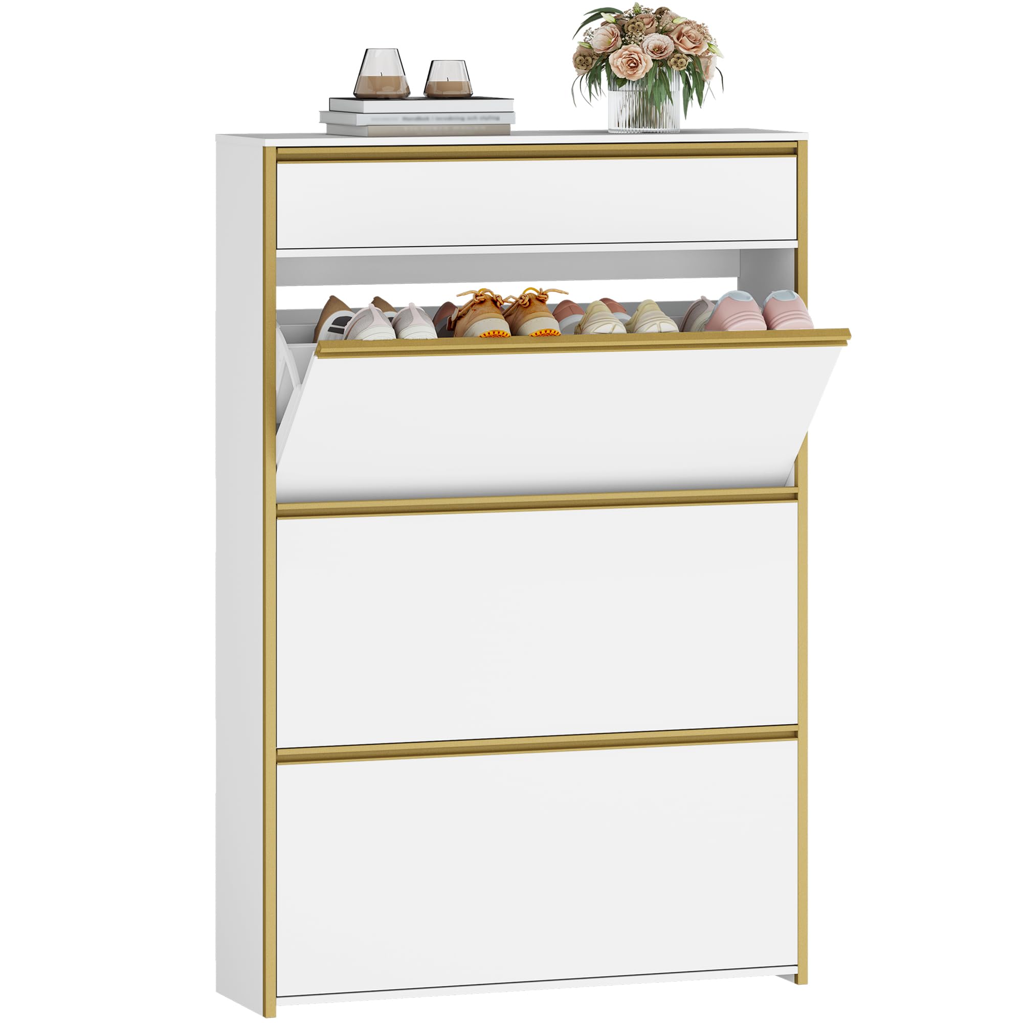 HEXCELEN Meuble à Chaussures avec 3 Battants, 18 à 24 Paire, Blanc-Or | Étroit Étagère à Chaussures avec Tiroir, Meuble à Chaussure, Séparateur Réglables, pour Couloir, Entrée, 80 x 24 x 137,5 cm