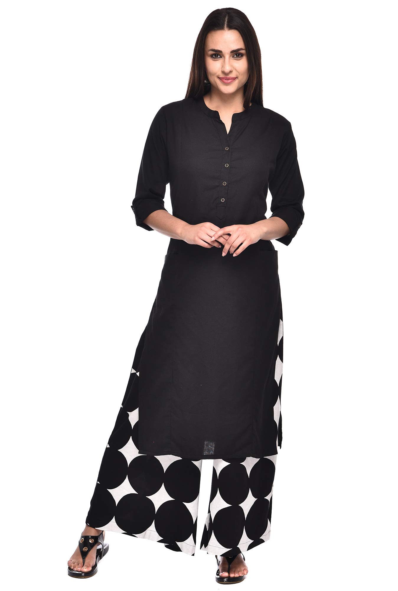 Women Cotton Solid Flex Black Kurta With Palazzo Set-image-26