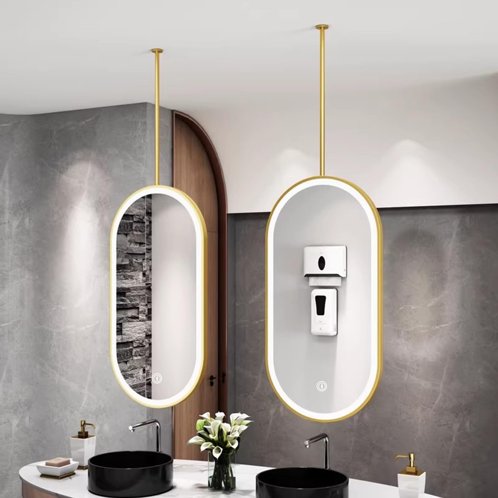 FGXHHS LED Light Up Oval Dressing Table Mirror Gold Metal Frame Hanging Suspended Mirrors Bathroom Floating Vanity Makeup - 1 PC(50cmx90cm)
