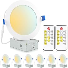 6 Pack Recessed Lighting 6 Inch Ultra Thin Canless LED Recessed Ceiling Light with Junction Box, 15W Eqv 125W, 5 CCT 2700K6500K Selectable, Wafer Downlight Dimmable by Remote Control - ETL