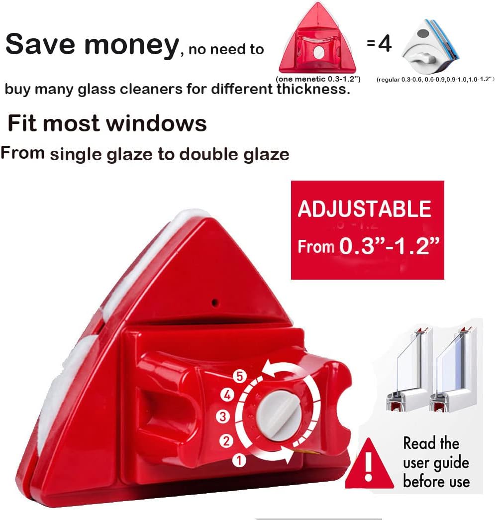 Fcare Magnetic window cleaner, double-sided window cleaning brush Glass Wiper Cleaning Tools, outside window cleaner, 5-gear Adjustable for high rise window cleaning Windows Thickness 0.3"-1.2" (red)