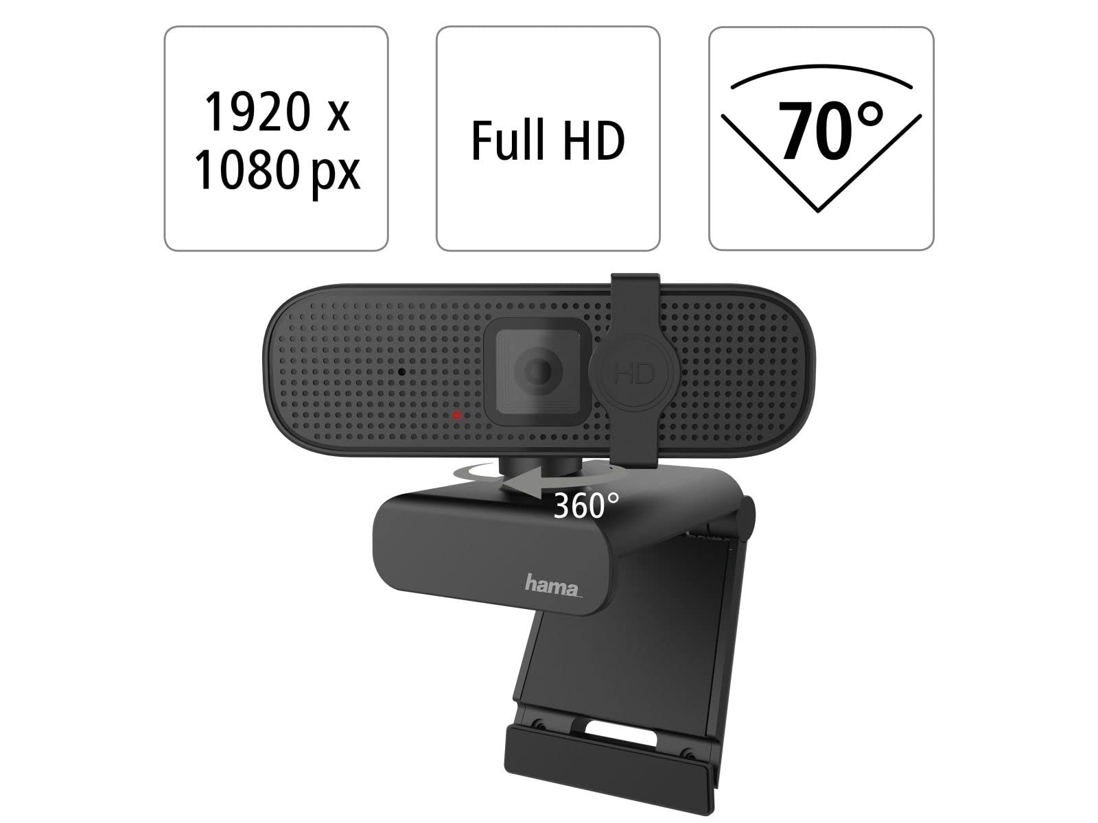 Hama | Webcam USB Full HD 1080p con Micrófono Estéreo y Enfoque Automático (Cámara para PC y Portátil, Obturador de Privacidad, Imagen Clara para Videollamadas y Clases Online, USB-A) Negra