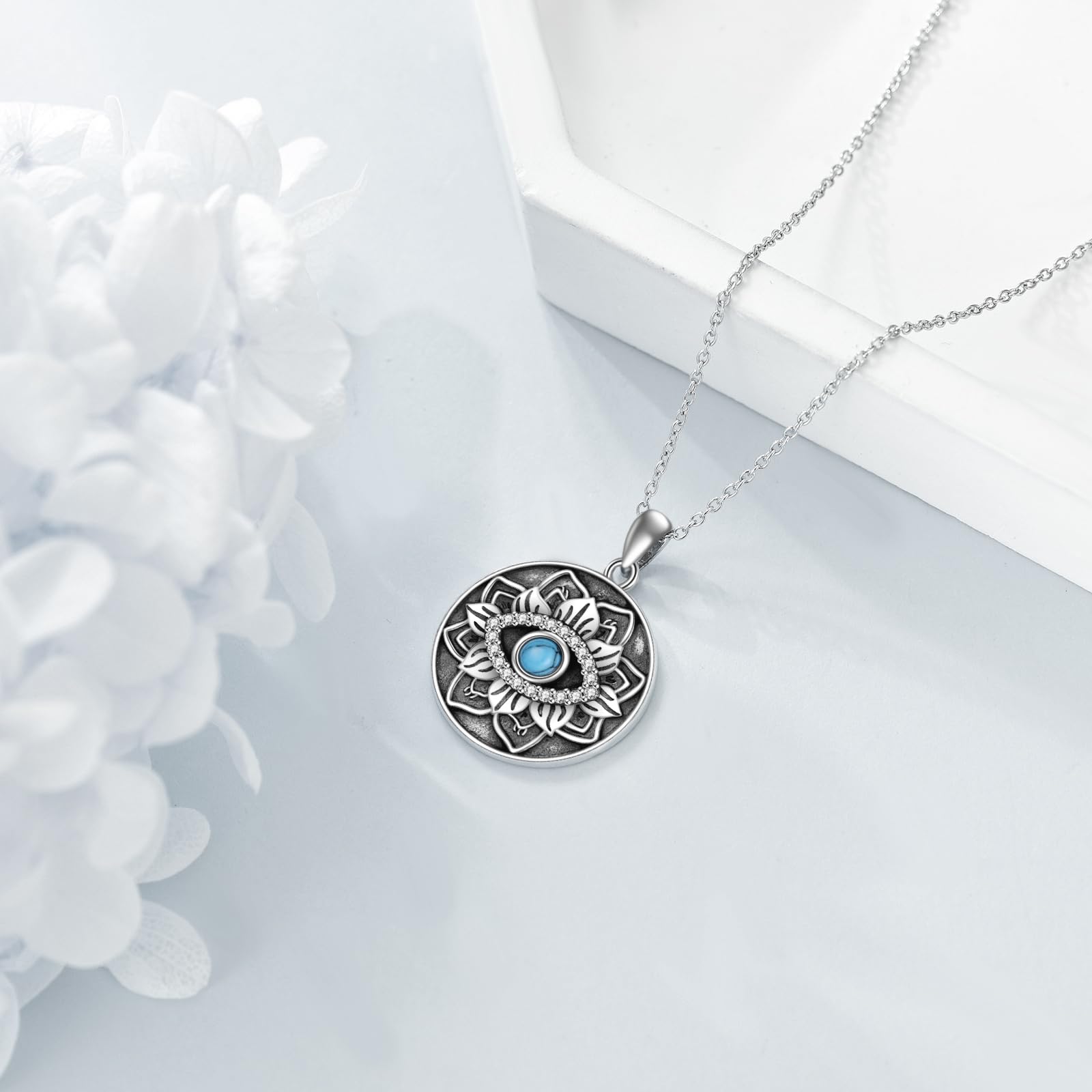 VONALA Collar de ojo turco de loto de plata de ley 925 con colgante de flor de loto, joyería griega de mal de ojo para mujeres y niñas, Plata esterlina, Turquesa