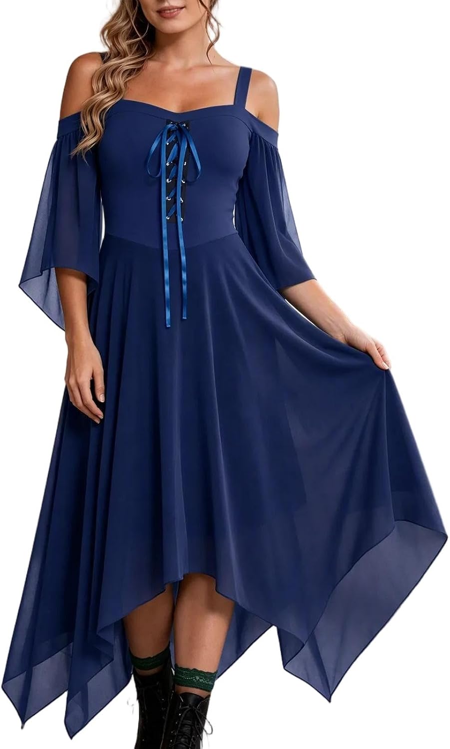 Women Cold Shoulder Medieval Fairy Dress Lace Up Asymmetric Gown