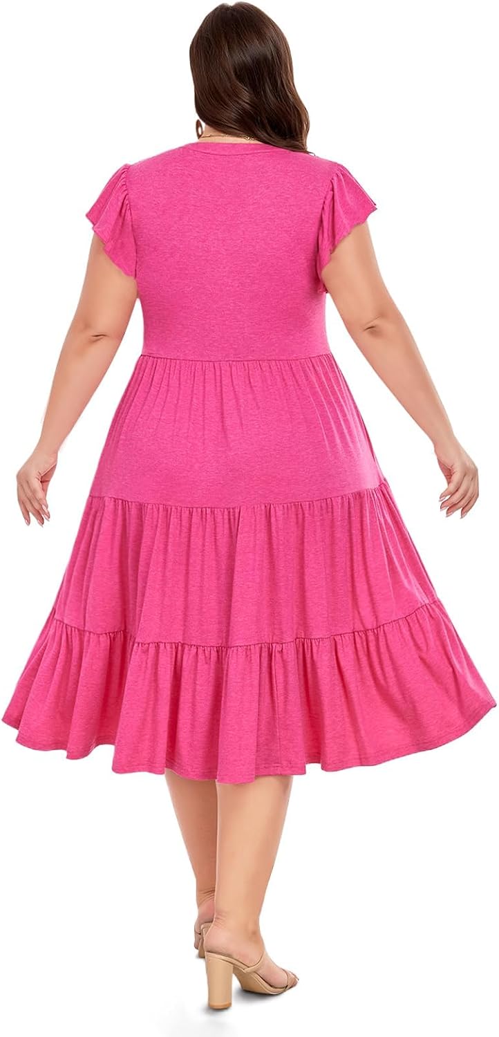 Moon Wood Womens Plus Size V Neck Ruffle Midi Dress 2026 Summer Casual Flowy Tiered Dresses with Pockets