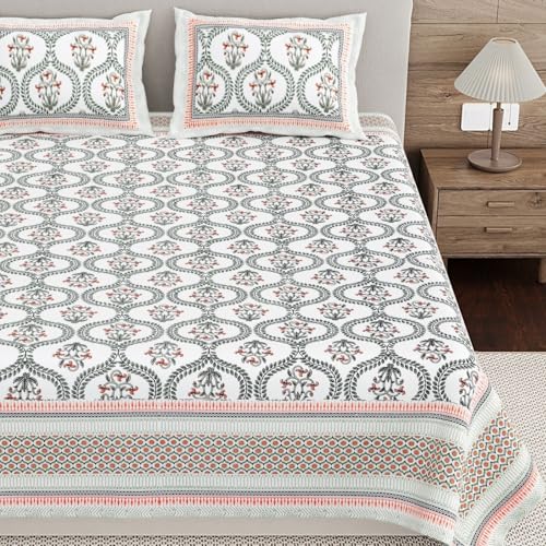 Image of Living Roots Ethnic Jaipur Block Print Double Cotton Bedsheet & 2 Pillow Covers, for Mattress Upto 6 inches Thick, No Colour Bleeding, Peach Colour, King Size 90 * 108 inches, 120TC (604-B)