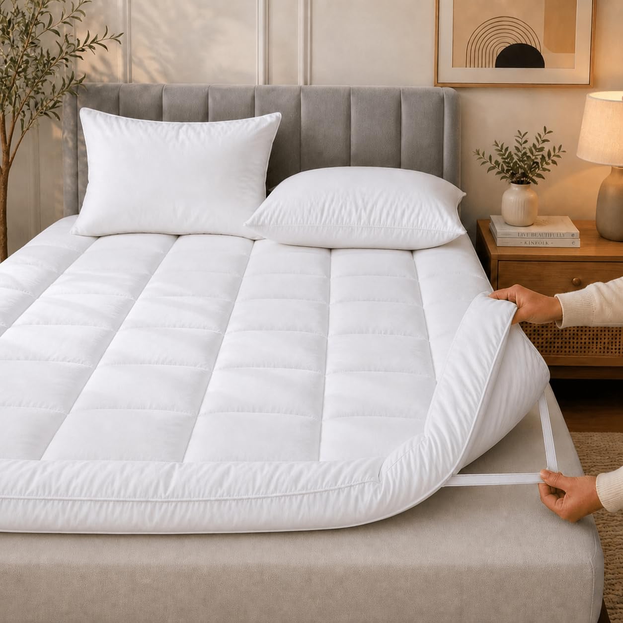 Single Mattress Topper 5cm/2 Inches Thick, Quilted Super Soft Microfiber Bed Toppers, 800 GSM Fiber Fill, Strong Elastic Straps for Extra Comfort Supportive Machine Washable (Single, 5cm)