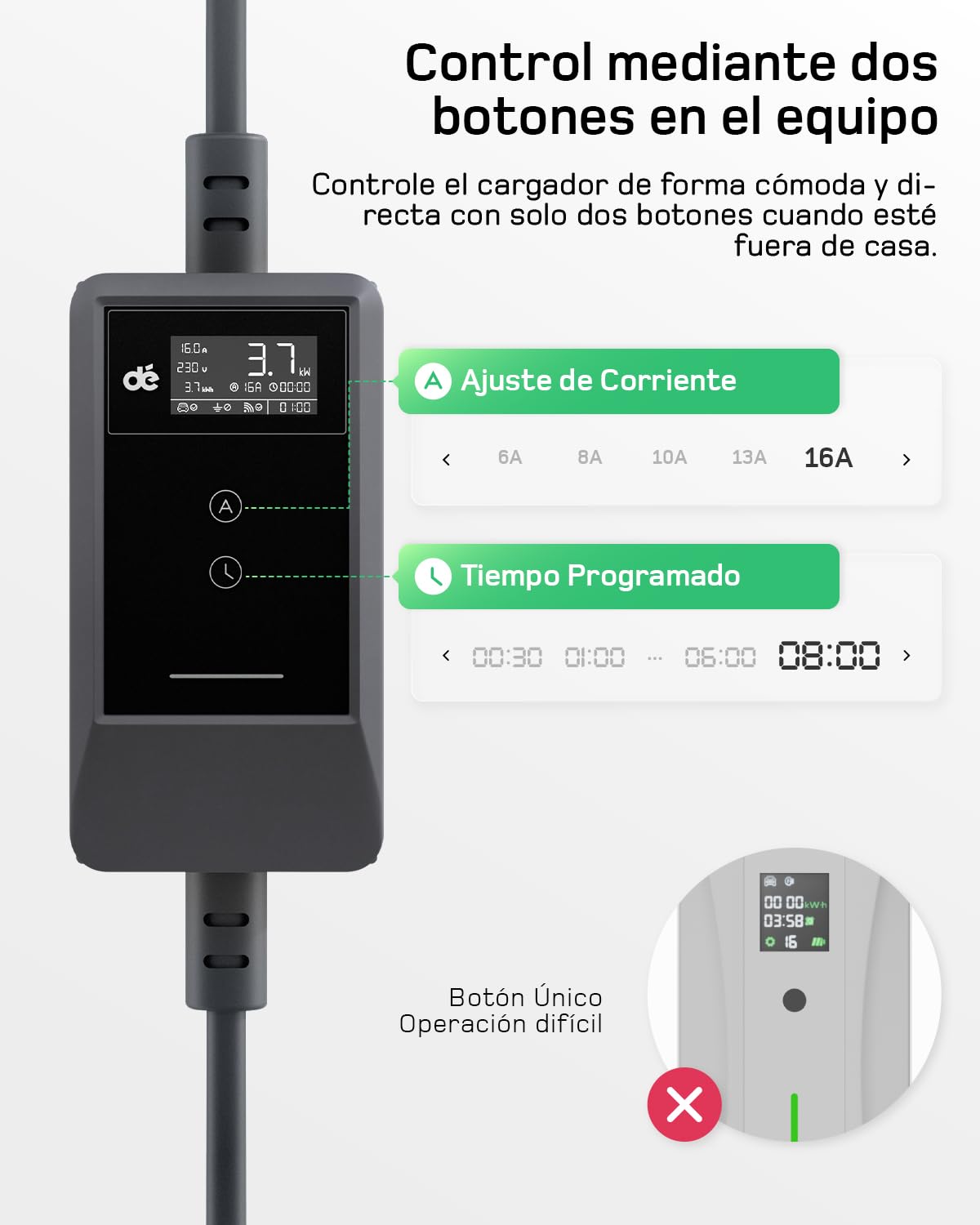 dé Cargador Coche Electrico App 3,7kW [7m, Monofásico, 6-16A] Cargador Carro Electrico con Potencia Ajustable a Distancia, para Model Y/3, Dolphin Surf, EV3, Avenger y Otros vehículos BEV/PHEV