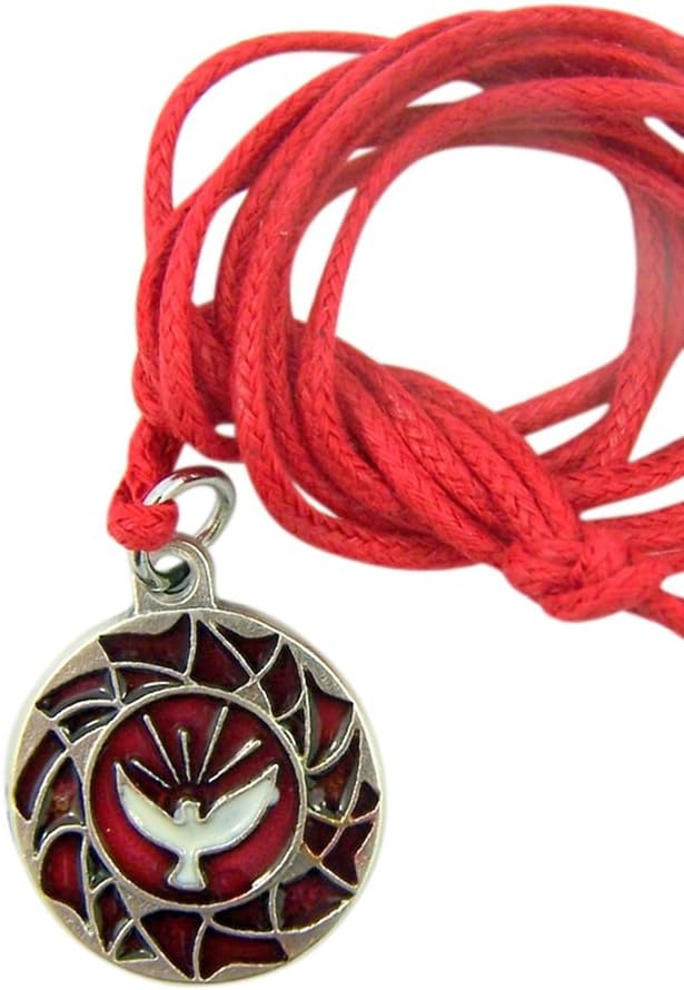 Religious JewelrySilver Tone Red Enameled Holy Spirit Dove Confirmation Pendant on Red Cord, 3/4 Inch