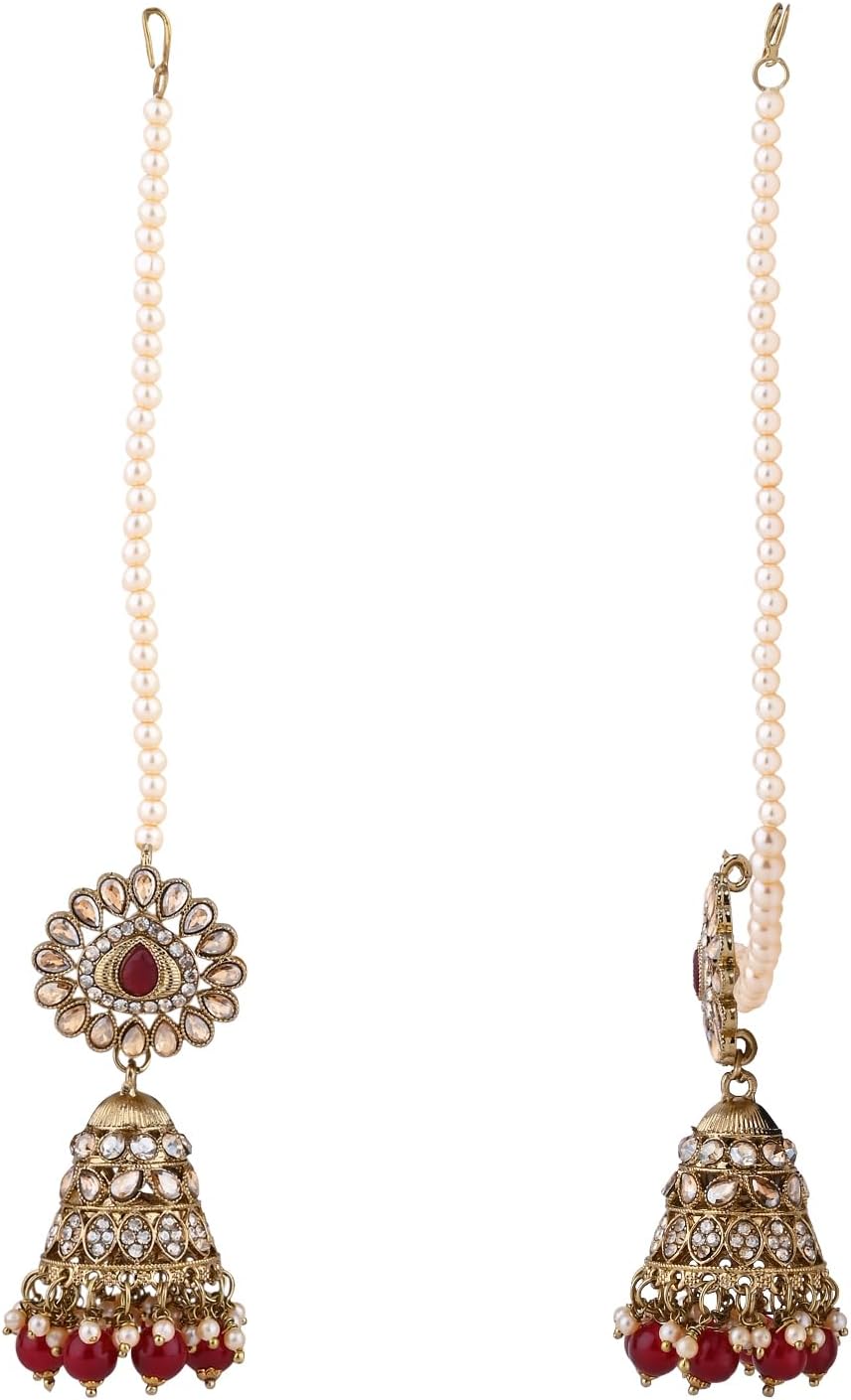 I Jewels Gold Plated Traditional Kundan & Pearl Jhumka Earrings With Attachable Ear Chain For Women