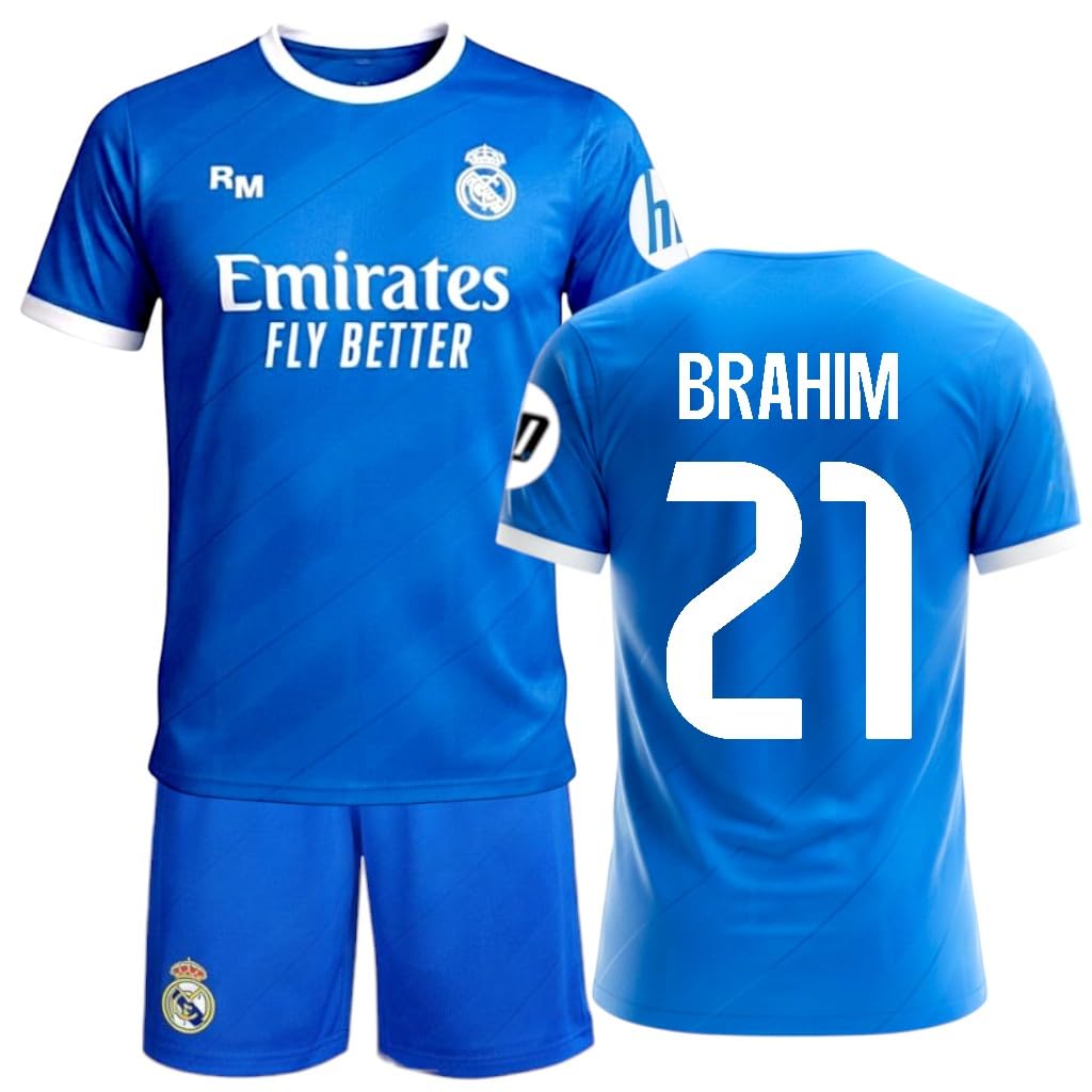 Real Madrid - Tercera equipación réplica Oficial Temporada 25-26 | Brahim 21 niño Unisex | Camiseta y pantalón Azul | Tejido Transpirable | Escudo Bordado