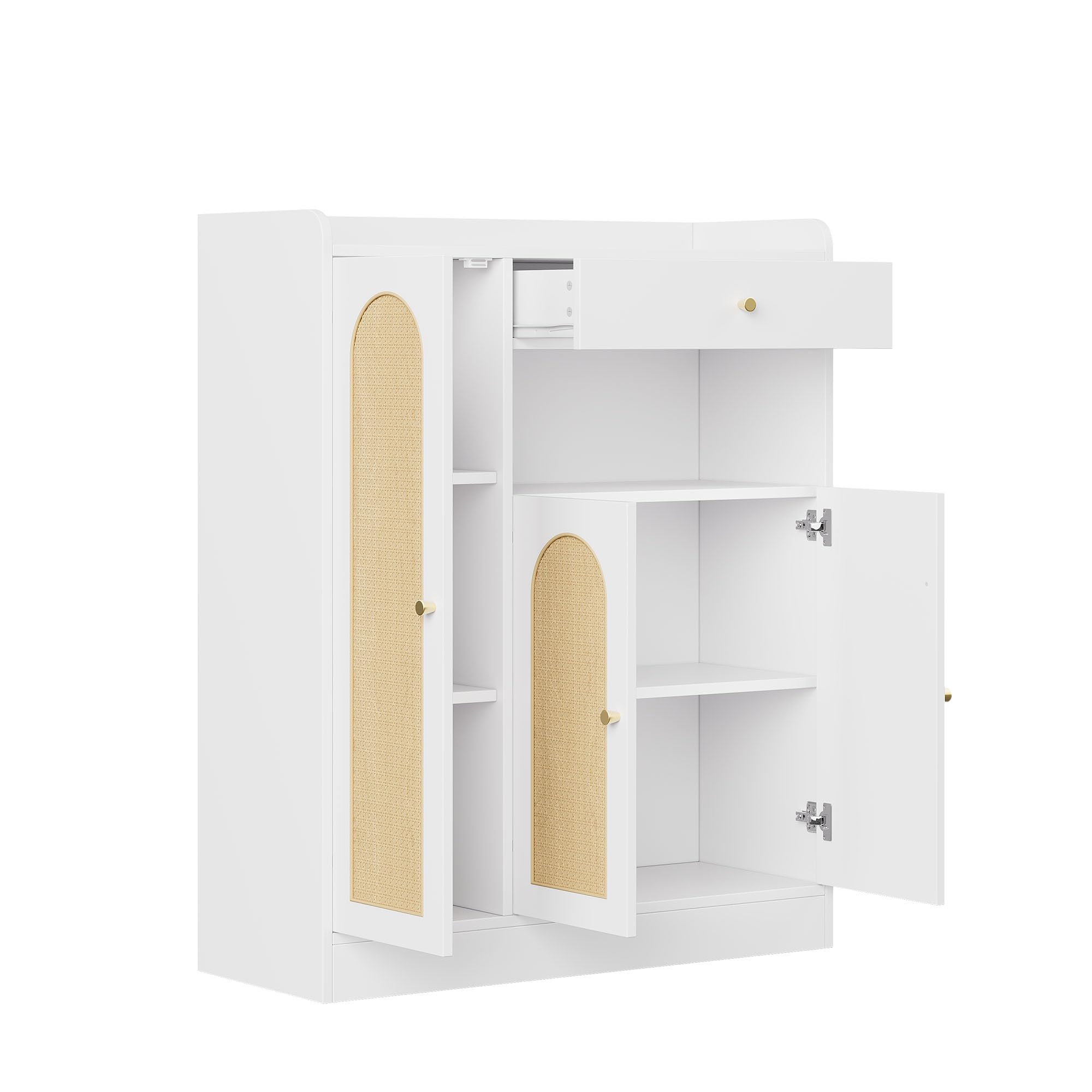 Zapatero (90 x 35 x 110 cm, con 3 puertas, cajón, aspecto de ratán), color blanco natural | Zapatero de color natural con 3 puertas, cajón, estantes ajustables, sistema antivuelco y efecto ratán.
